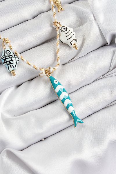 Clariss Ceramic Motif Fish Figured Model Cream Thread Women's Necklace