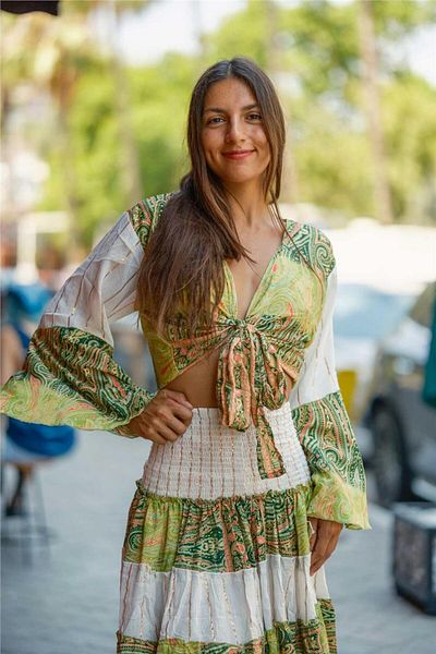 Miss Boheme White Color Gold Detailed Silk Skirt Blouse Set