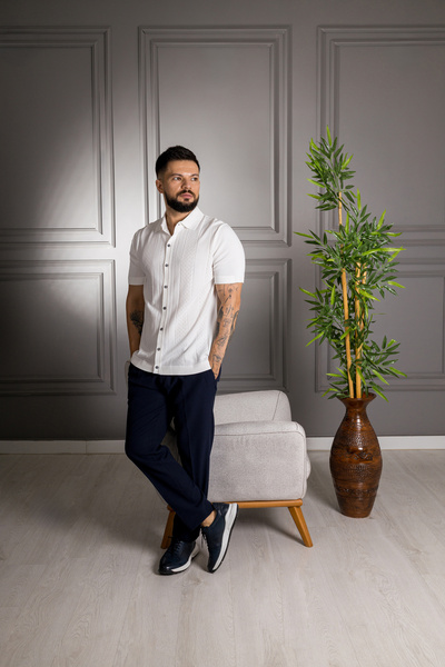 Sarar Εκπλήρωση Polo Neck Rayon Thin Knitwear Ecru πουκάμισο T-Shirt