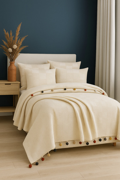 lux towels Krem - Ponponlu pike takımı