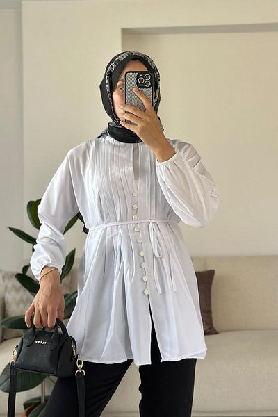 HİFADEN Women's Ribbed Mobile Belted Long Sleeve Buttoned Hijab Shirt