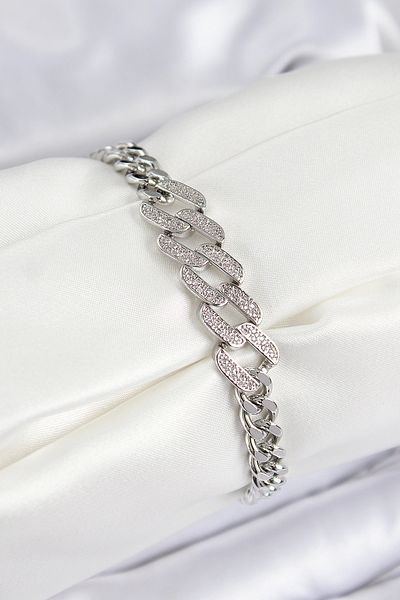 Clariss Brass Zircon Stone Crushed Cuban Chain Model Silver Color Women's Bracelet