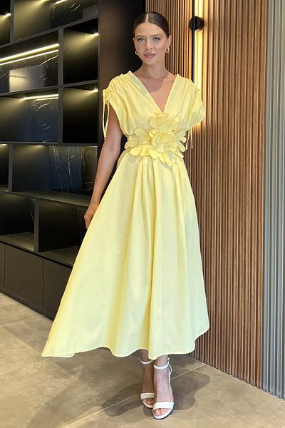 GÜLSELİ Yellow Daisy Appliqued Double Breasted Dress