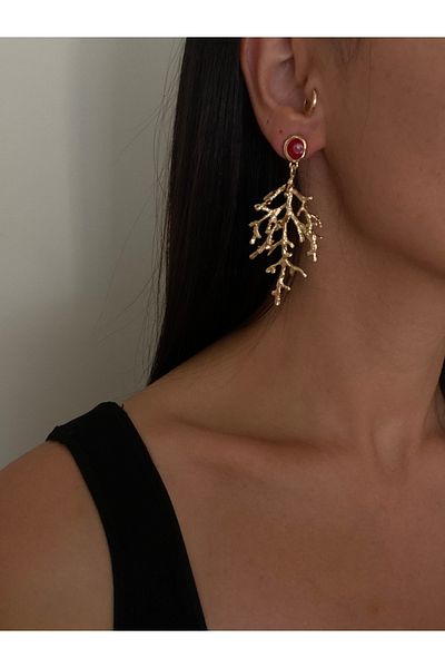 Atelier Licia Red Stone Detailed Branch Coral Form Earrings-Gold Design Earrings-Trend Earrings