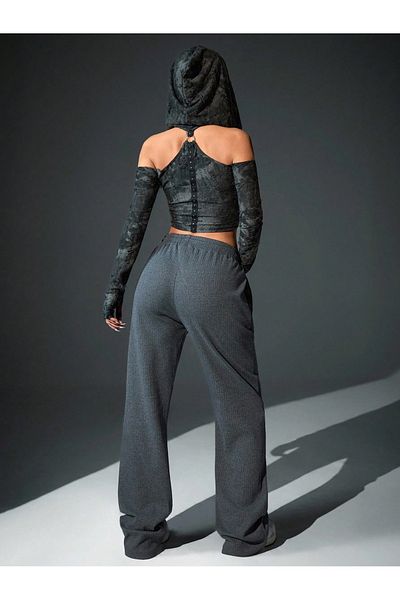Miyalon Pantaloni de sport casual pentru femei, cu șireturi, gri, din țesătură cu dungi