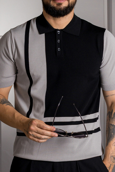 Sarar Επισκέψτε το Polo Neck Rayon Slim Knitwear Μαύρο γκρι T-Shirt