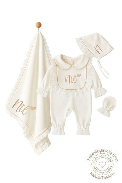 Minytrendy Baby Girl Name Embroidered Newborn Jumpsuit Blanket Gold Glitter Hospital Release Mevlüt Set Gift