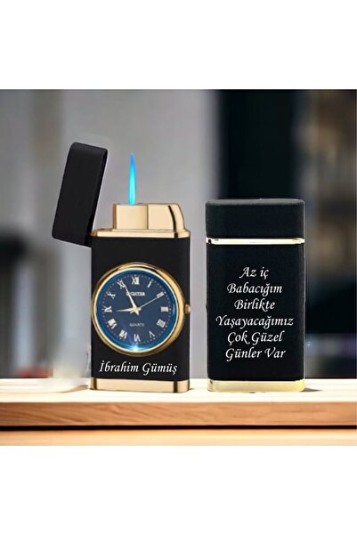 hediyesahibi İsme Özel Turbo Jet Işıklı Saatli Çakmak Çift Yön Baskı