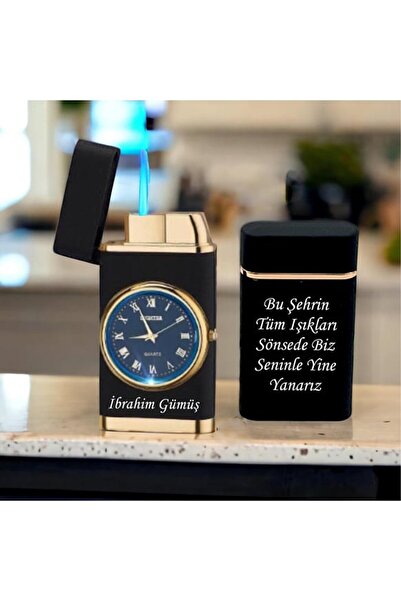 hediyesahibi İsme Özel Turbo Jet Işıklı Saatli Çakmak Çift Yön Baskı