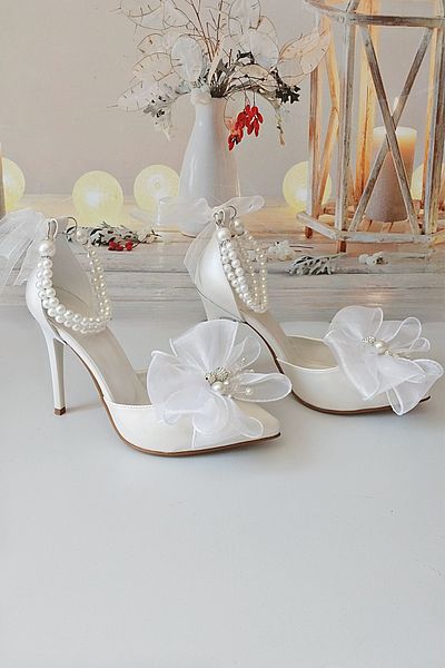 Modavien Women's 11 cm Pearl Tulle Bow Bridal Shoes