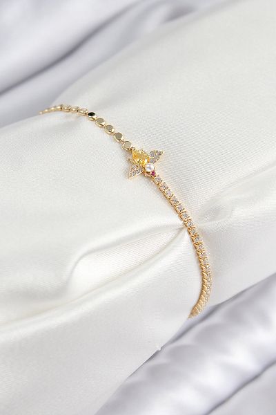 Clariss Brass Zircon Stone Bee Model Crushed Chain Gold Color Women's Bracelet