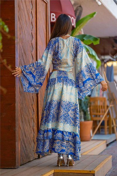 Miss Boheme Turquoise Color Waist Embroidered Ruffle Detailed Silk Skirt Blouse Set