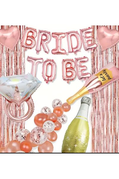 Çemrek Süs Parti Rosegold Bride to Be Foil Balloon and Backdrop Set 28 Pieces
