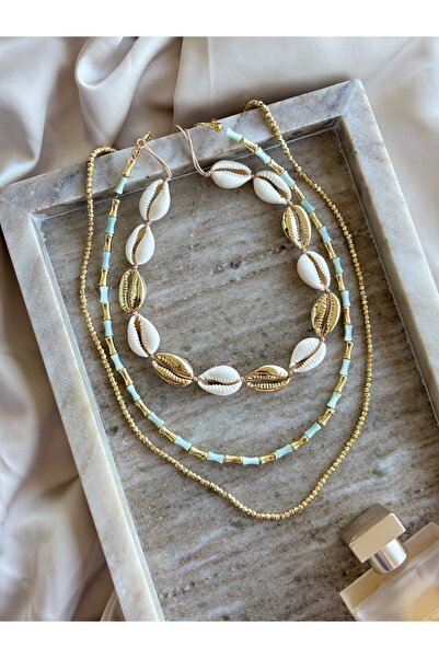 Le'Sluette 3’lü Set Kolye Deniz Kabuğu Boru Boncuklu Premium Yazlık Kombin