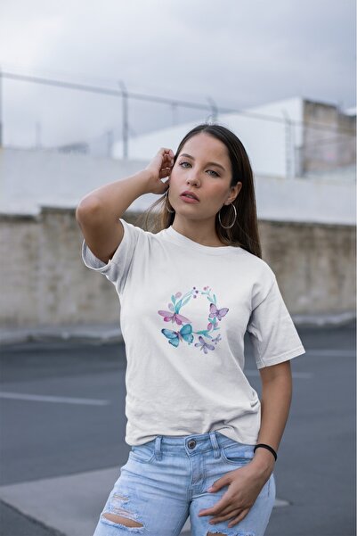 ArtYus تي شيرت نسائي برقبة دائرية وأكمام قصيرة مطبوع عليه دائرة على شكل فراشة