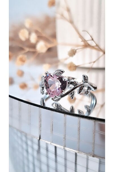 Serenity خاتم من الفولاذ على شكل قلب من حجر الزركون الوردي مع شكل ورقة الشجر