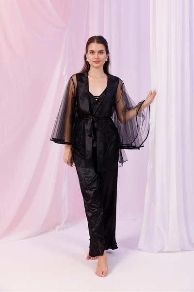 Yulem Homewear Black Satin and Tulle Detailed 3-Piece Dressing Gown Pajama Set