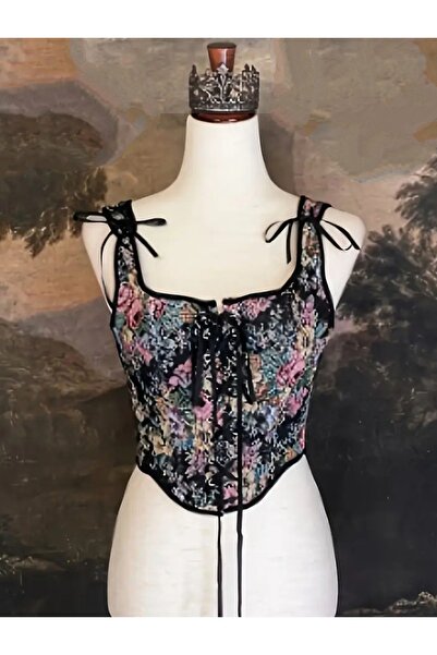 hbtasarim French Vintage Floral Print Front Lace-Up Corset Bustier