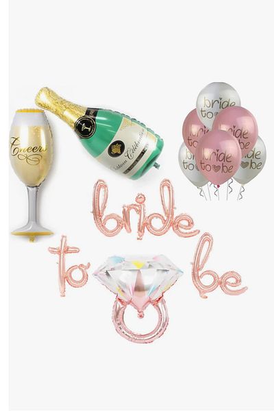 Çemrek Süs Parti Rose Bride to Be Foil Balloon Champagne Goblet Solitaire and Bride Latex Balloon Set 14 Pieces