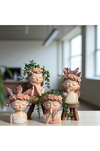 Aftonviol Dekoratif 4'lü Sevimli Kızlar Sukulent Ve Kaktüs Saksı Seti Biblo S...