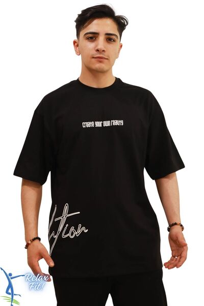 sermoda قم بإنشاء تي شيرت مطبوع بقصة فضفاضة باللون الأسود