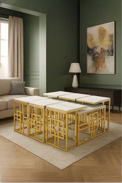 Al Saada Home طقم طاولات خدمة رخامية ١+٦ - ذهبي