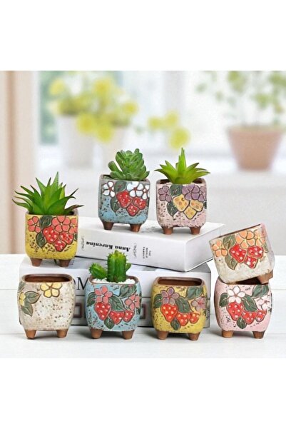 Aftonviol Retro Sukulent, Kaktüs Saksı 8'li Set , Dekorasyon Obje Saksı