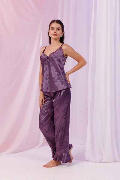 Yulem Homewear Purple Satin and Tulle Detailed 3-Piece Dressing Gown Pajama Set