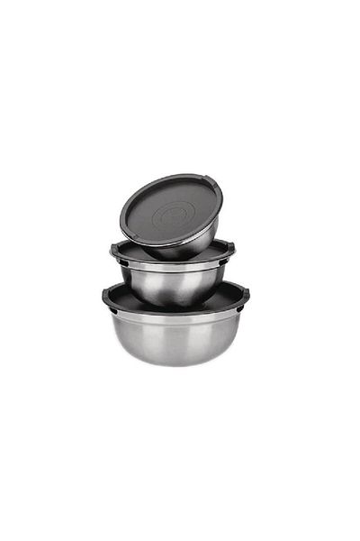OEM Set 3 stainless steel bowls with plastic lids, 0.7, 1, 1.5 Liters
