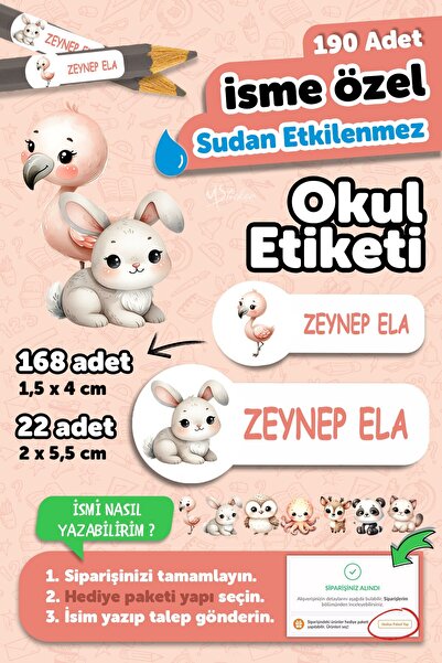 MSticker Okul Etiketi Kalem Defter isimli Etiket Isim Yazılabilen Tatlı Hayva...