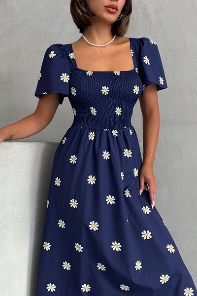 Lusin Women's Lined Daisy Patterned Navy Blue Poplin Midi Dress