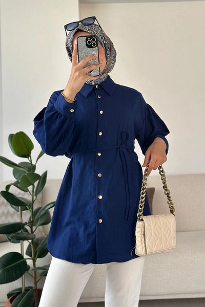 HİFADEN Women's Tokyo Fabric Mobile Belted Gold Buttoned Long Sleeve Hijab Shirt