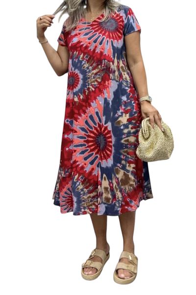 AKŞEN GİYİM Rochie din bumbac viscoză cu mânecă scurtă, cu decolteu în V, cu model Sun Tie-dye, până la genunchi