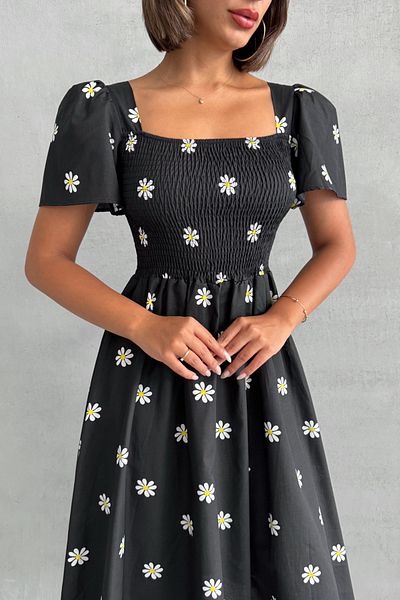 Lusin Women's Lined Daisy Patterned Black Poplin Midi Dress