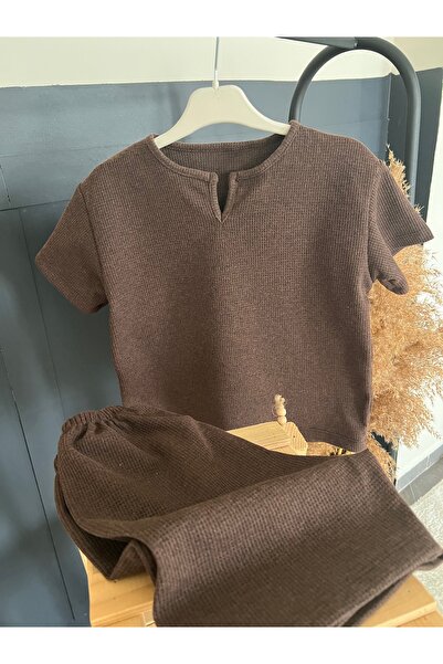 BAHNUR KAHVERENGi UNiSEX ERKEK KIZ BEBEK ÇOCUK WAFFLE ALT ÜST TAKIM