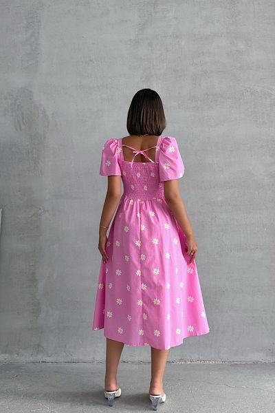 Lusin Women's Lined Daisy Patterned Pink Poplin Midi Dress