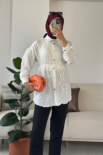 HİFADEN Women's Tokyo Fabric Mobile Belted Gold Buttoned Long Sleeve Hijab Shirt
