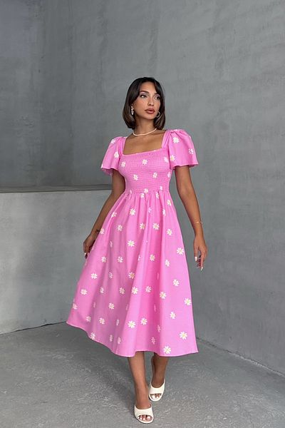 Lusin Women's Lined Daisy Patterned Pink Poplin Midi Dress