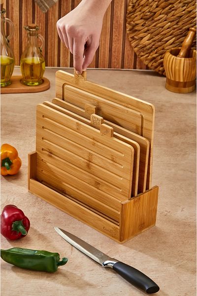 ERGENÇLERZÜCCACİYE 5 Pieces Functional Bamboo Cutting Board with Stand