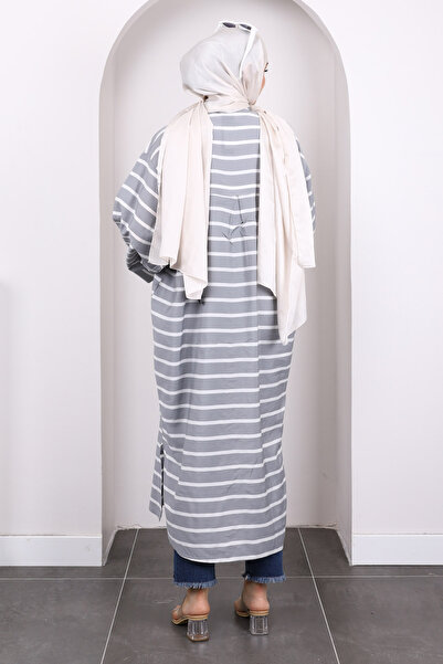 İmajButik Gray Bat Sleeve Striped Modal Tunic