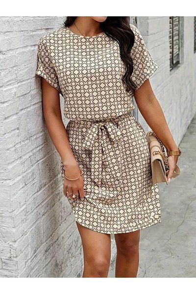 MODA Women's Short Sleeve Round Neck Geometric Patterned Single Jersey Dress with Belt at Waist