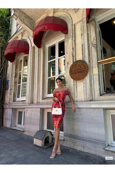 Butik Women's Madonna Collar Wave Pattern Midi Length Chiffon Dress