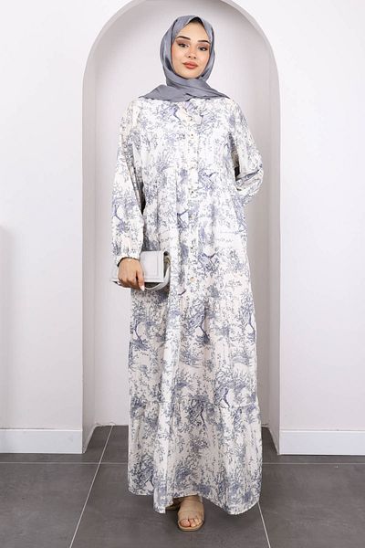 İmajButik Μπλε ναυτικό φόρεμα με μοτίβο με μισό κουμπί