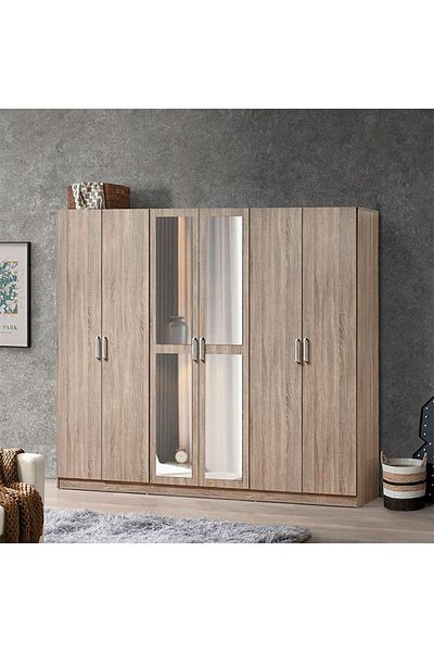 Danube Home Supreme 6 Door Wardrobe with Mirror - French Sonoma Oak L240xW52xH209cm