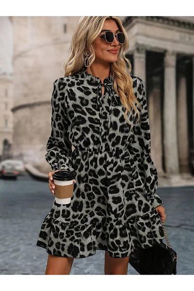 modamtn Women's Long Sleeve Collar Tie Elastic Waist Raster Diving Dress
