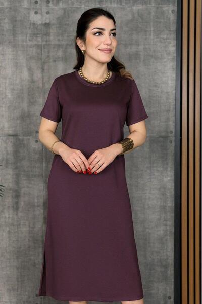 modamtn Women's Short Sleeve Crew Neck Slit Viscose Two Thread Dress