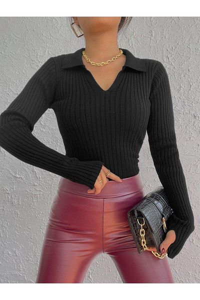 modamtn Women's Black Polo Neck Finger Detail Knitwear Blouse 2047