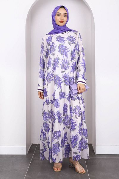 İmajButik Φόρεμα σιφόν με μωβ σχέδιο