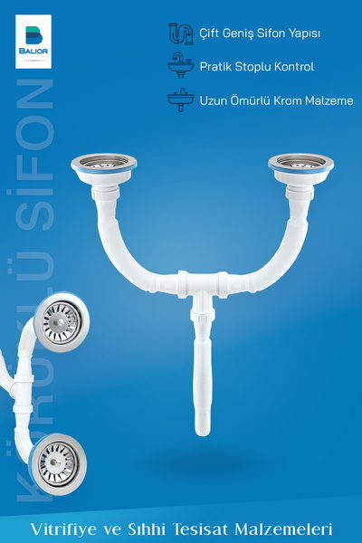 BALİOR Çift Gözlü Evye İçin Körüklü Sifon – Krom Başlık, Esnek Borulu
