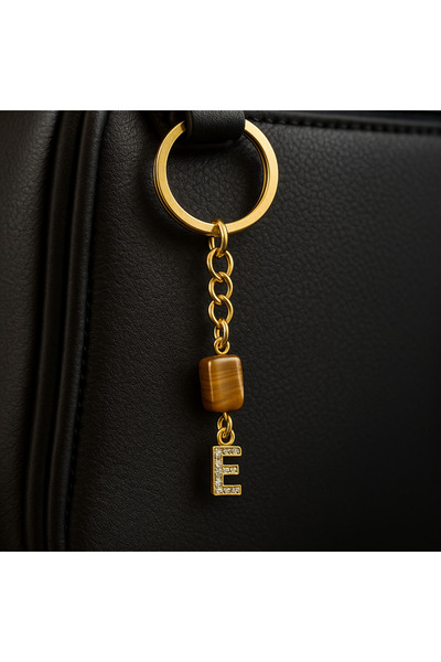 Han Ticarethane Breloc cu ochi de tigru cu litera E din piatră de culoare aurie